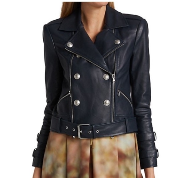 L'AGENCE Billie Belted Leather Jacket  /Coat Midnight Navy XS - Picture 5 of 14